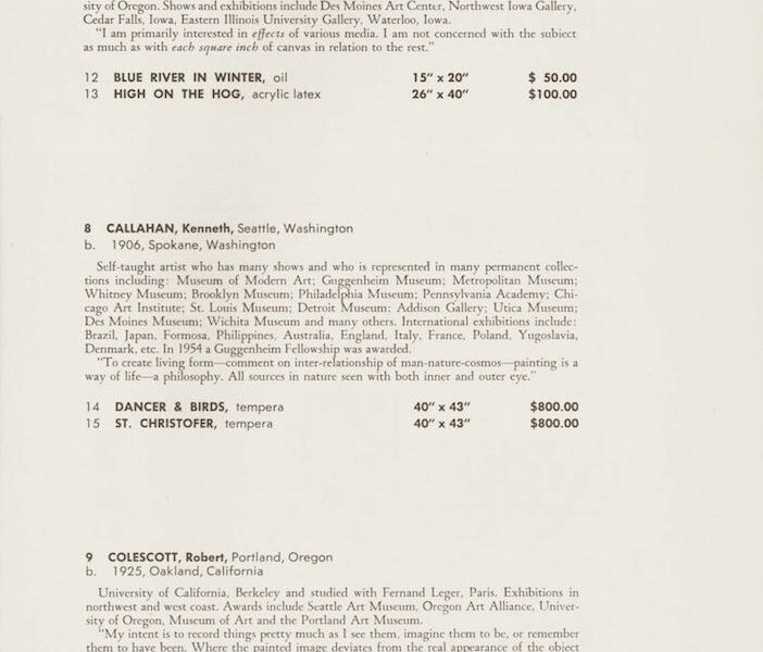 Page from catalog listing details of three artworks in exhibit