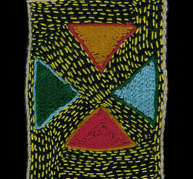Exhibiti postcard showing embroidery design with triangles