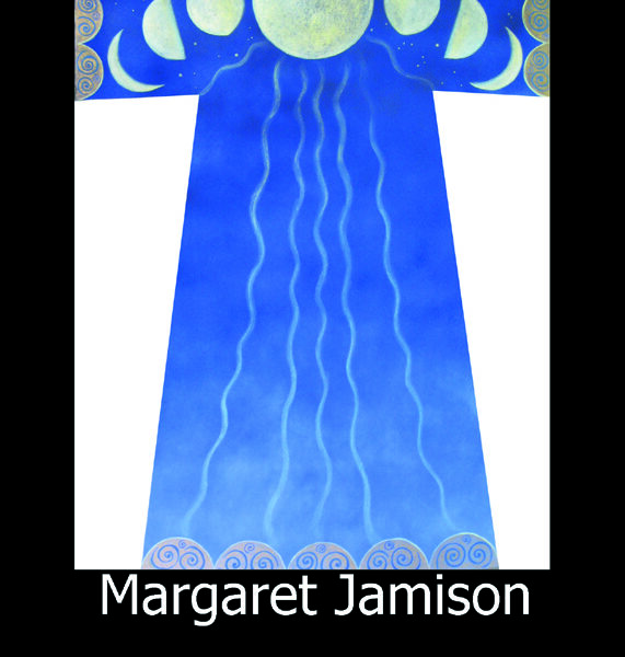 Exhibit postcard with painted depiction of a blue robe with phases of the moon