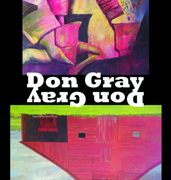 Exhibit postcard with abstract colorful artwork and upside down barn