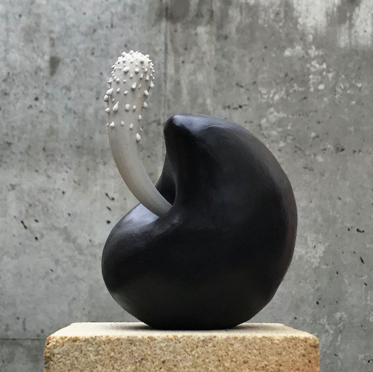 Ceramic sculpture of black rounded form with organic white protuberance appearing to grow from it