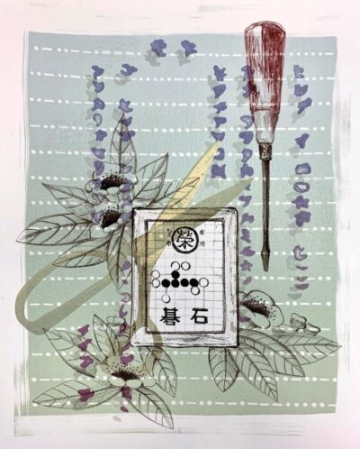 Print in soft colors that is a collage of imagery including outlined flowers and leaves, purple marks and a screwdriver