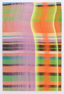 Weaving in neon colors with horizontal bands of color and vertically wavy lines