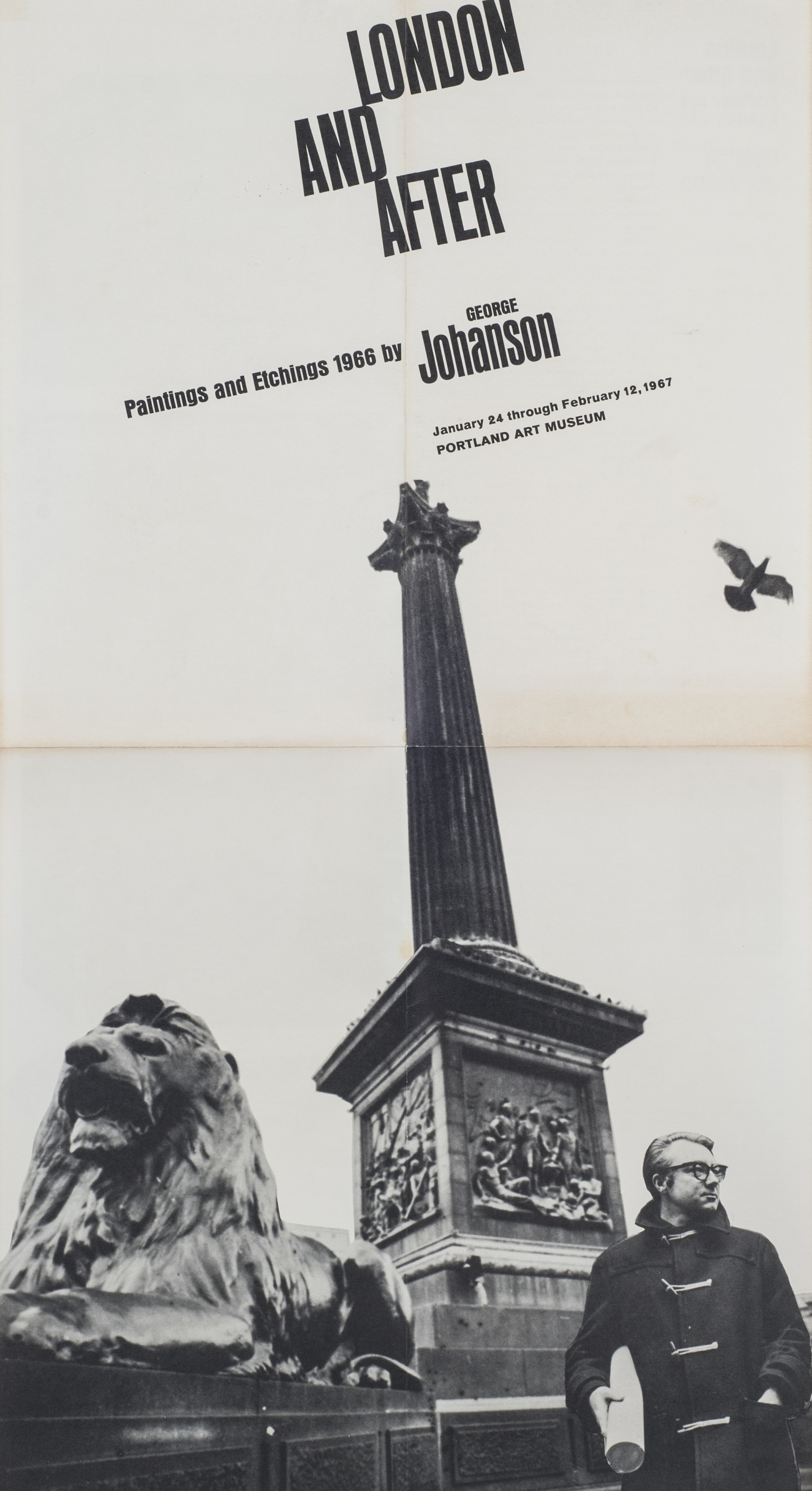 Poster for George Johanson exhibit showing column and lion monument from below